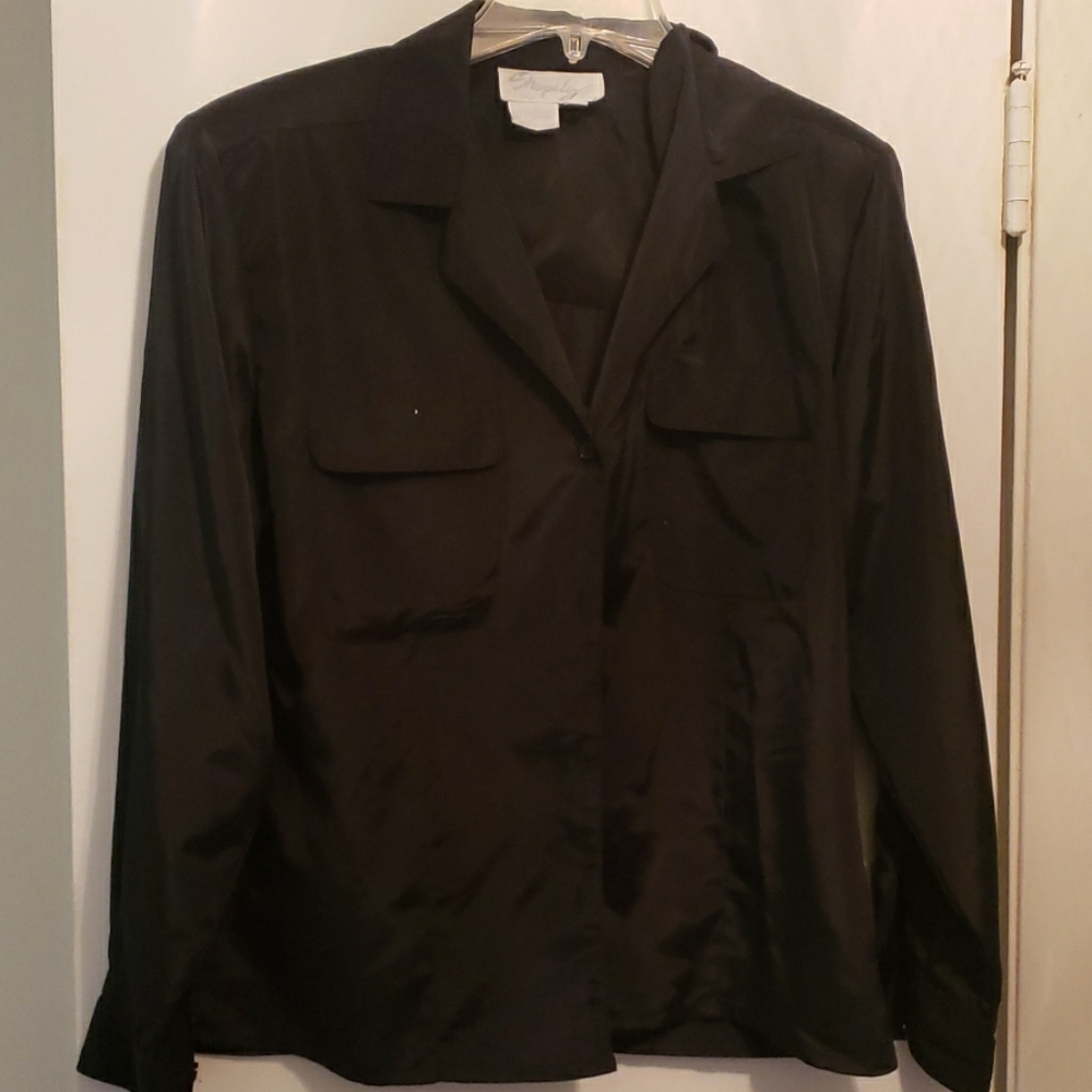 Black Silky Soft Button-Down Long-Sleeve Blouse